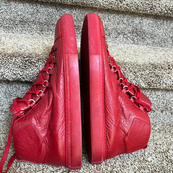 Balenciaga Arena Men's Red Leather High Top Sneakers. - Picture 10 of 14